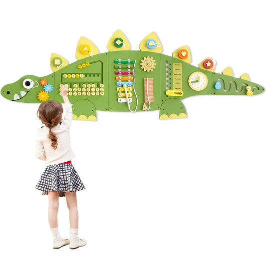 Beright dinosaur wall panel with interlocking cogs boosts fine motor skills.