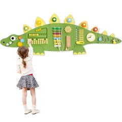 Beright dinosaur wall panel with interlocking cogs boosts fine motor skills.