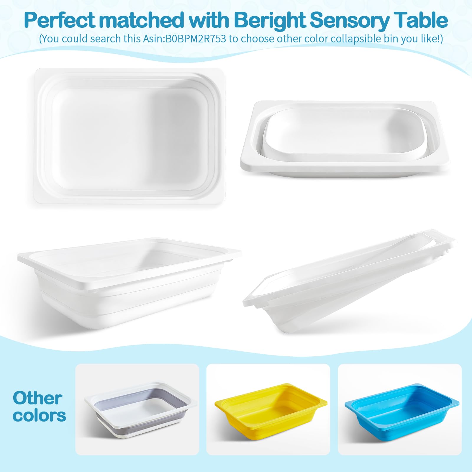Beright sensory table with pretend fruits enhances kitchen role-play.
