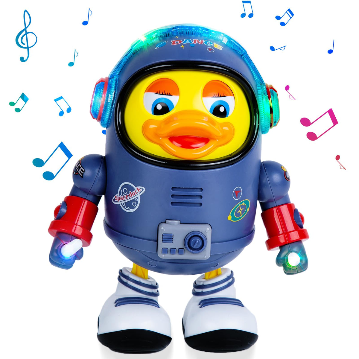 Berry President Space Duck dances with colorful lights to entertain toddlers.