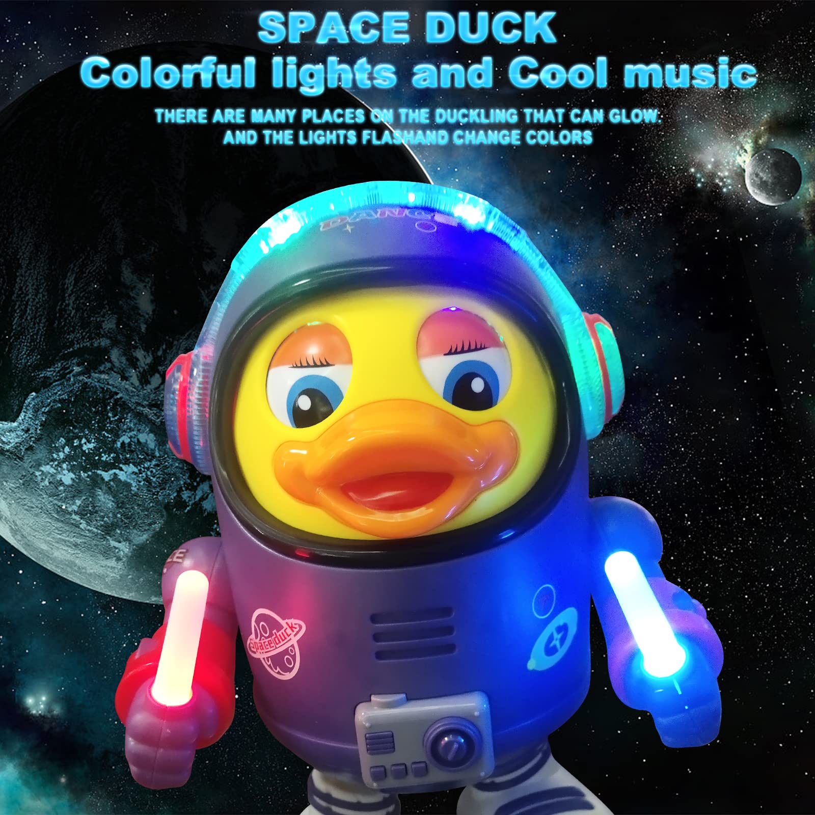 Berry President Space Duck moves side to side to promote motor play.
