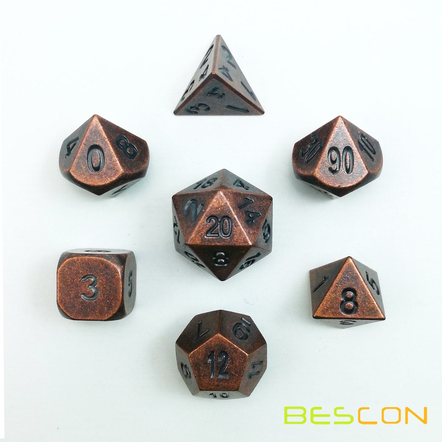 Bescon antique copper polyhedral dice close-up for precise role-playing rolls.