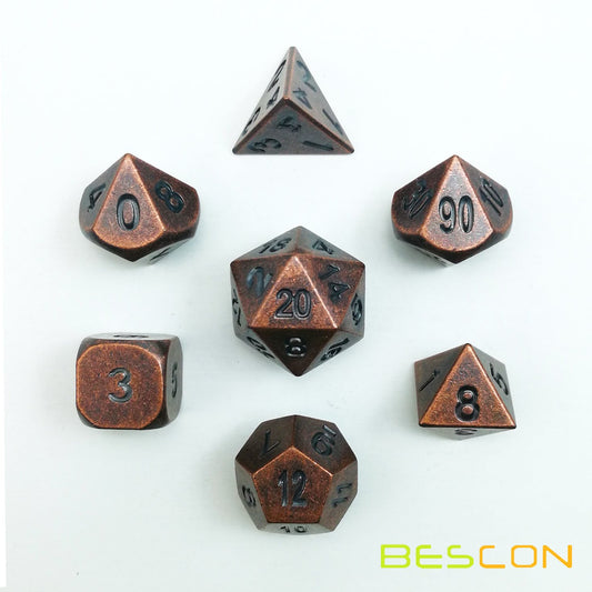 Bescon antique copper polyhedral dice close-up for precise role-playing rolls.