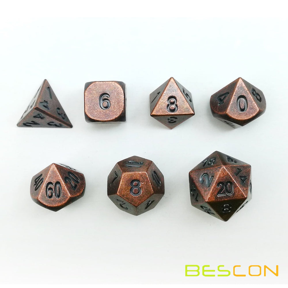 Bescon antique copper dice tucked in black velvet bag for safe transport.