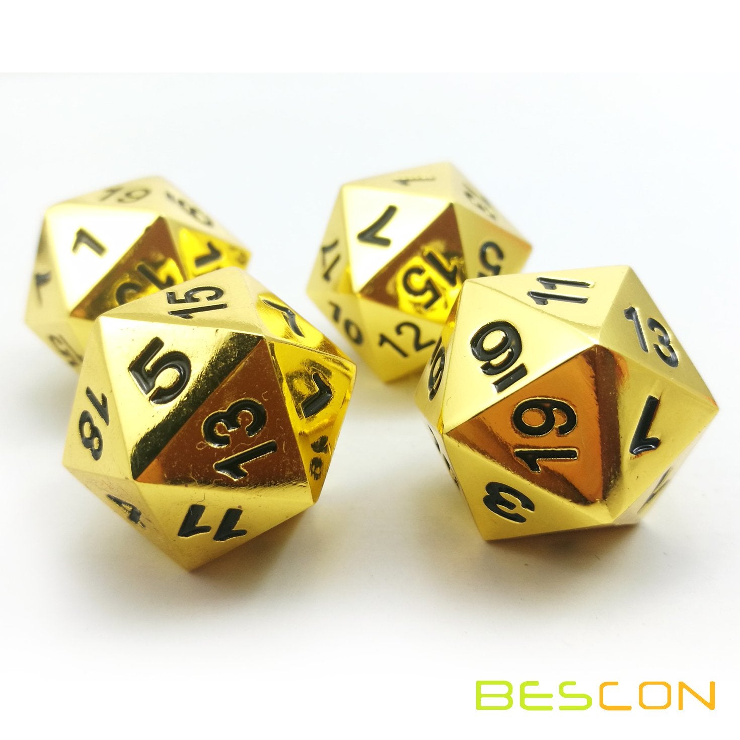 Bescon D20 dice set with rich gold finish for premium tabletop gameplay