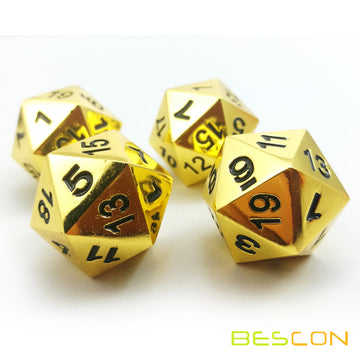 Bescon D20 dice set with rich gold finish for premium tabletop gameplay