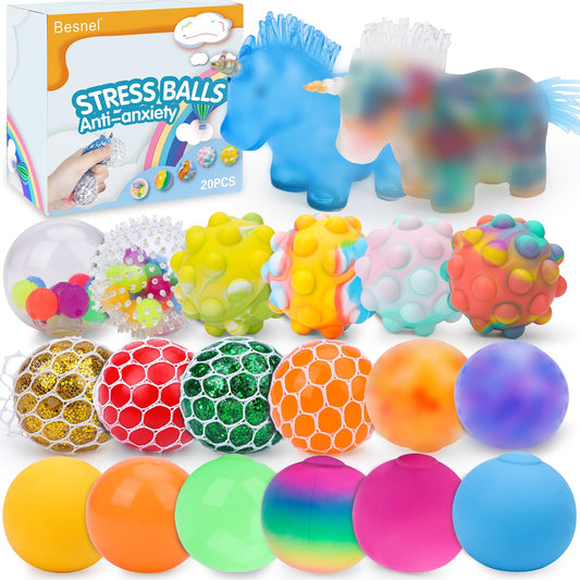 Besnel 20-pack stress balls set for versatile stress relief and sensory play.