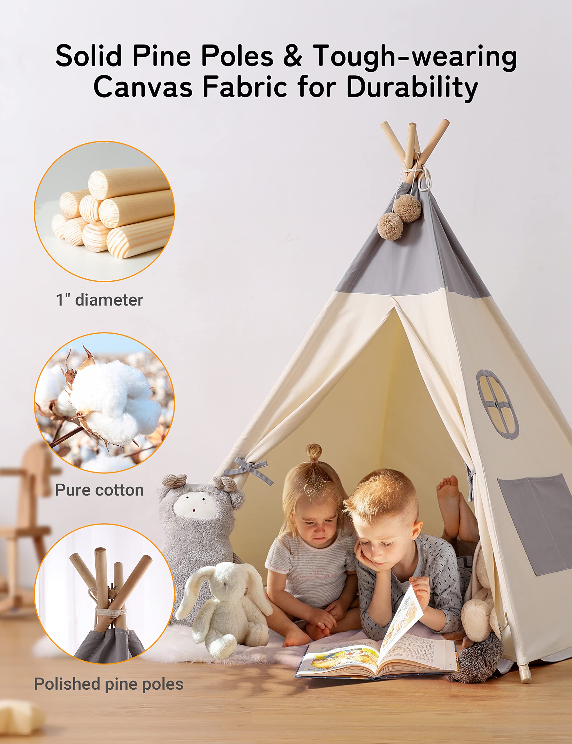 Besrey teepee with pine wood poles ensures sturdy, safe setup.