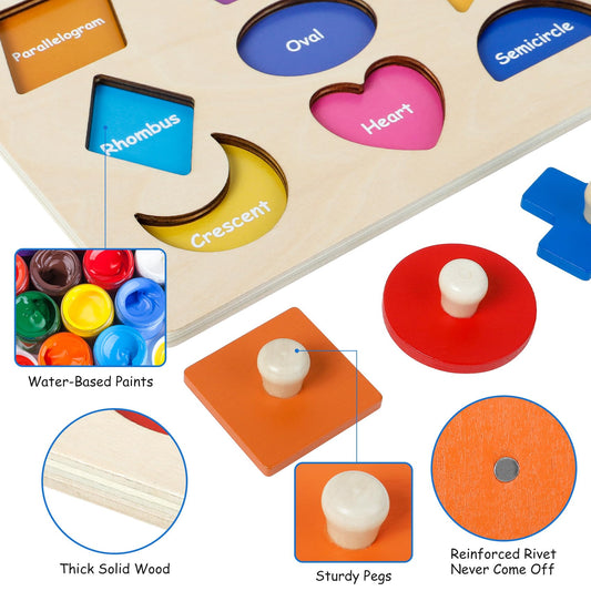 Besslly wooden puzzle pieces in bright colors for color matching play.