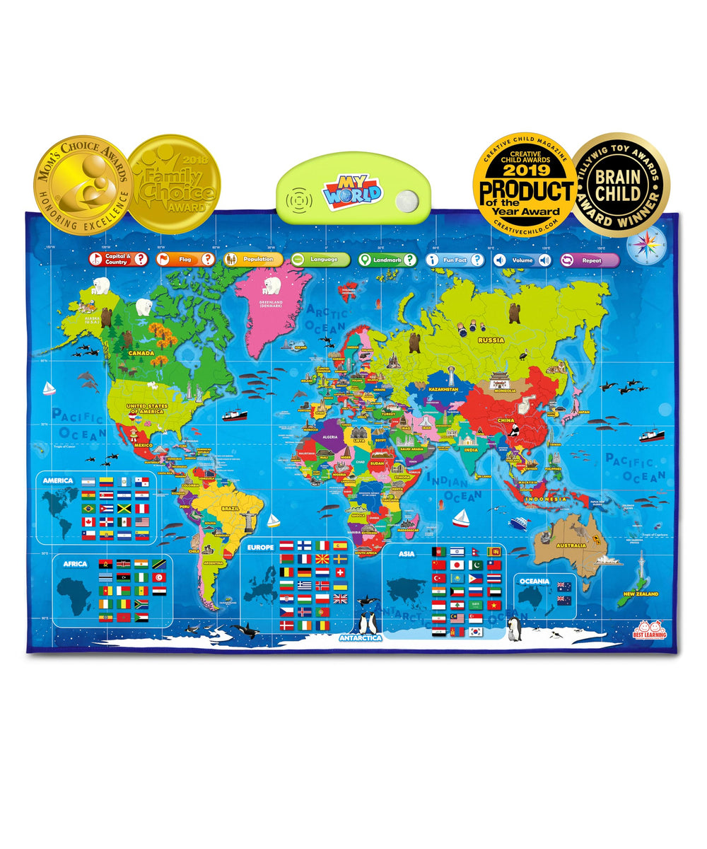 BEST LEARNING i-Poster World Map showing interactive country tap for names and facts.