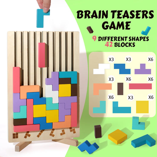 BESTAMTOY tangram wooden blocks arranged on pattern cards forming new designs.