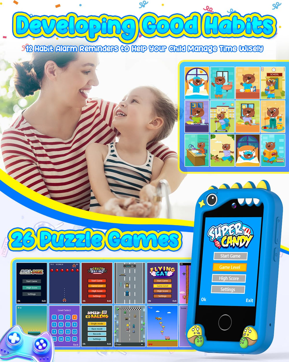 BESTOONE Kids Phone icons set illustrates 26 educational mini-games