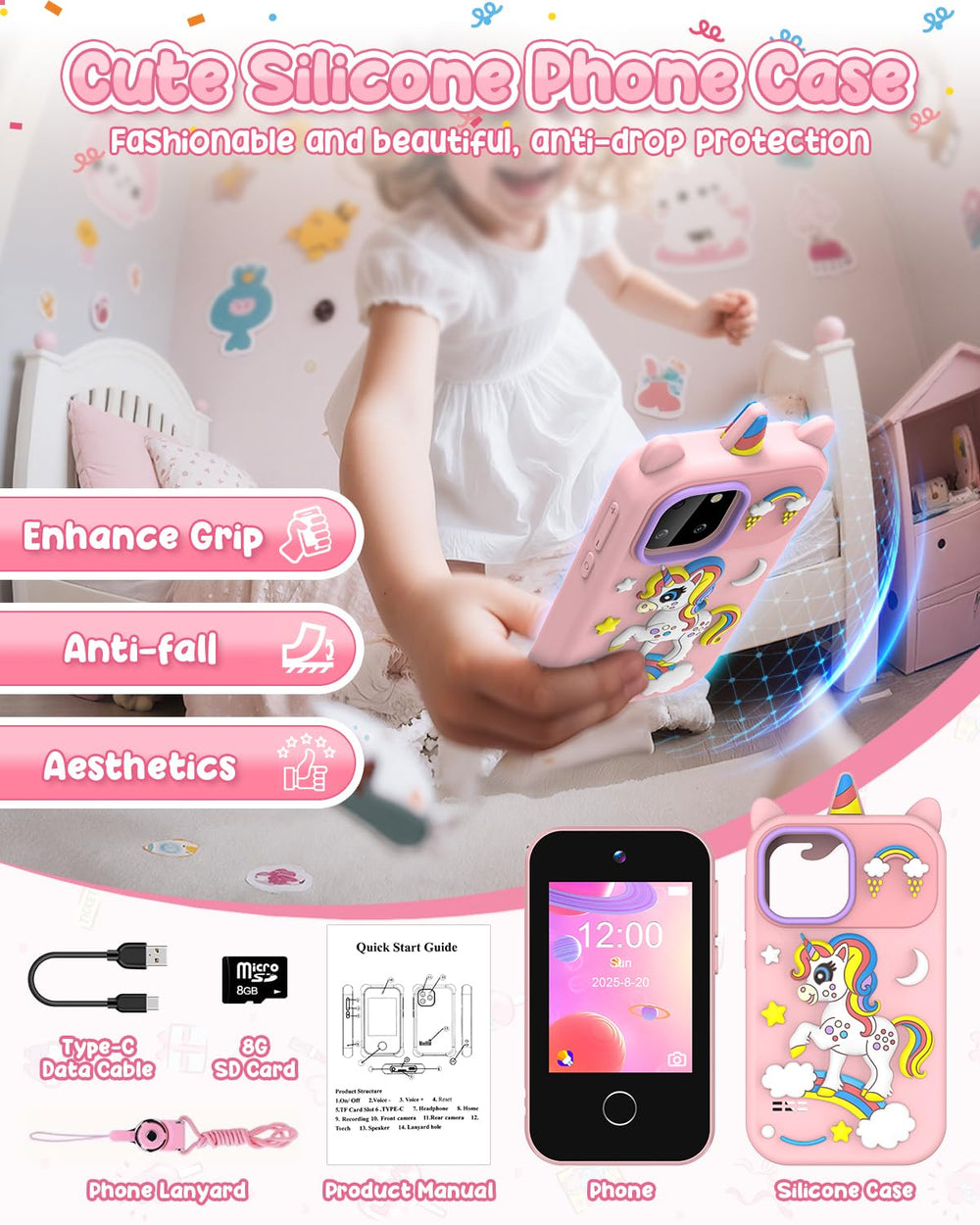 BESTOONE kids phone toy camera feature, dual 8MP cameras for playful photo moments.