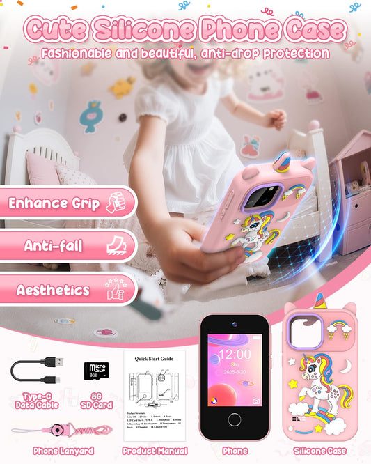 BESTOONE kids phone toy camera feature, dual 8MP cameras for playful photo moments.