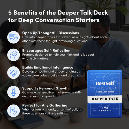 BestSelf Icebreaker Deeper Talk Deck cards on table inviting open dialogue during game night.