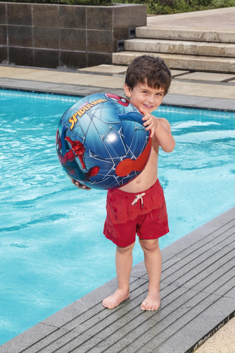 Bestway Spider-Man ball graphic close-up highlighting vibrant superhero visuals for kids.
