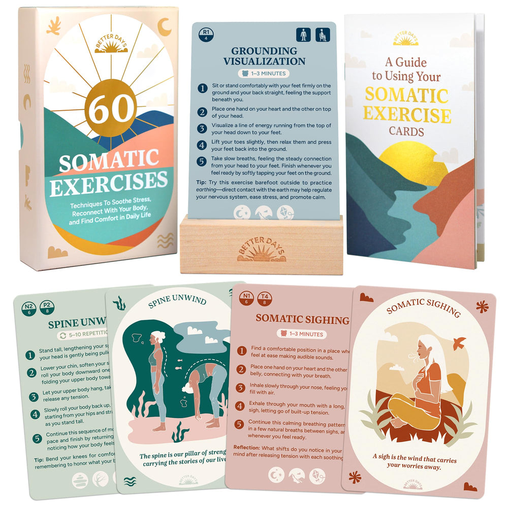 Better Days 60 somatic cards on a stand for quick grounding and encouragement.
