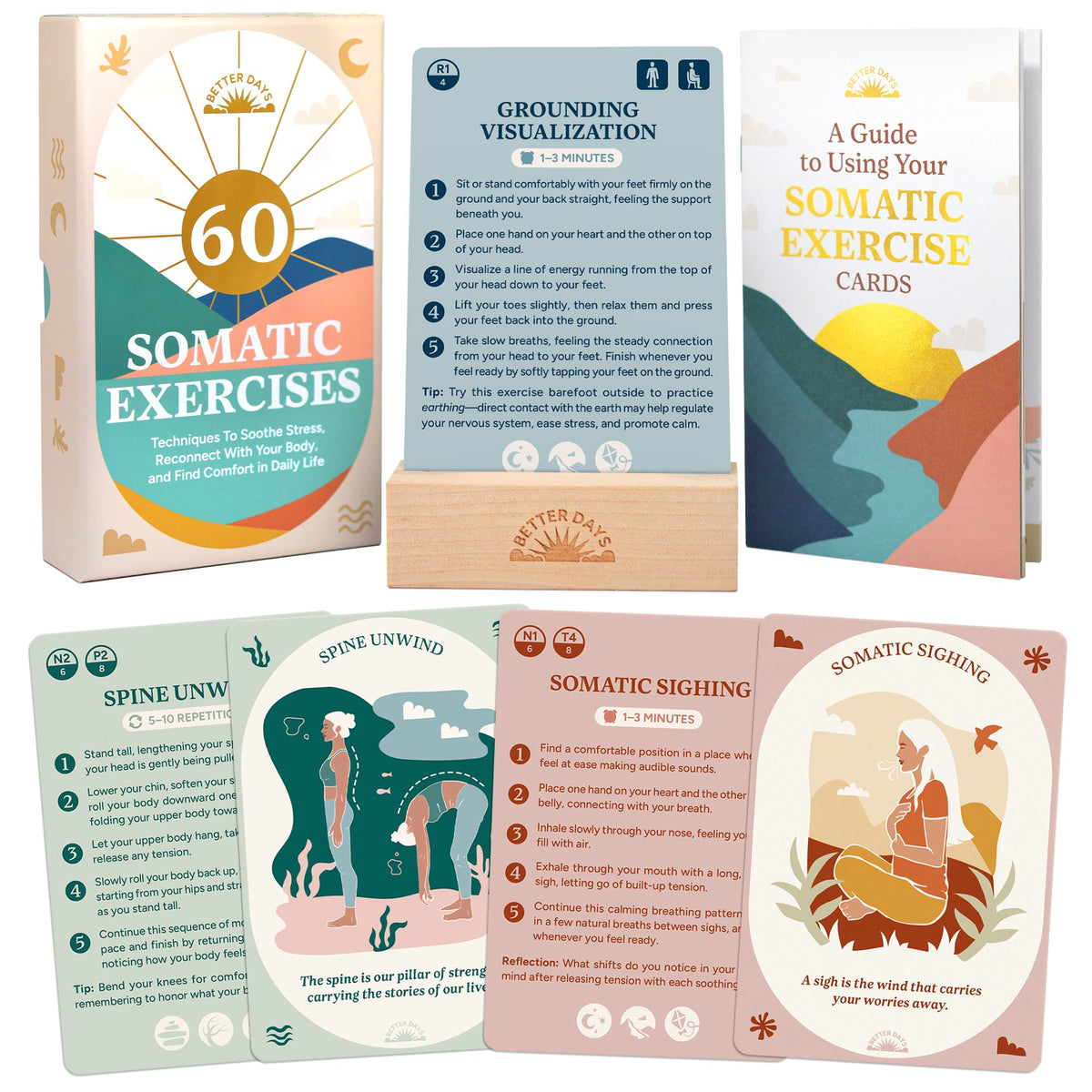 Better Days 60 somatic cards on a stand for quick grounding and encouragement.
