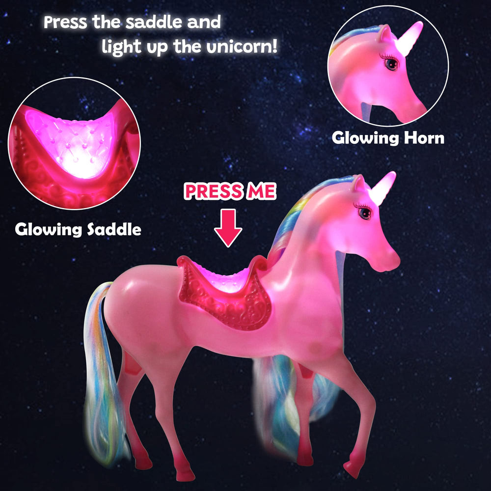 BETTINA princess doll with bendable knees sits easily on the unicorn