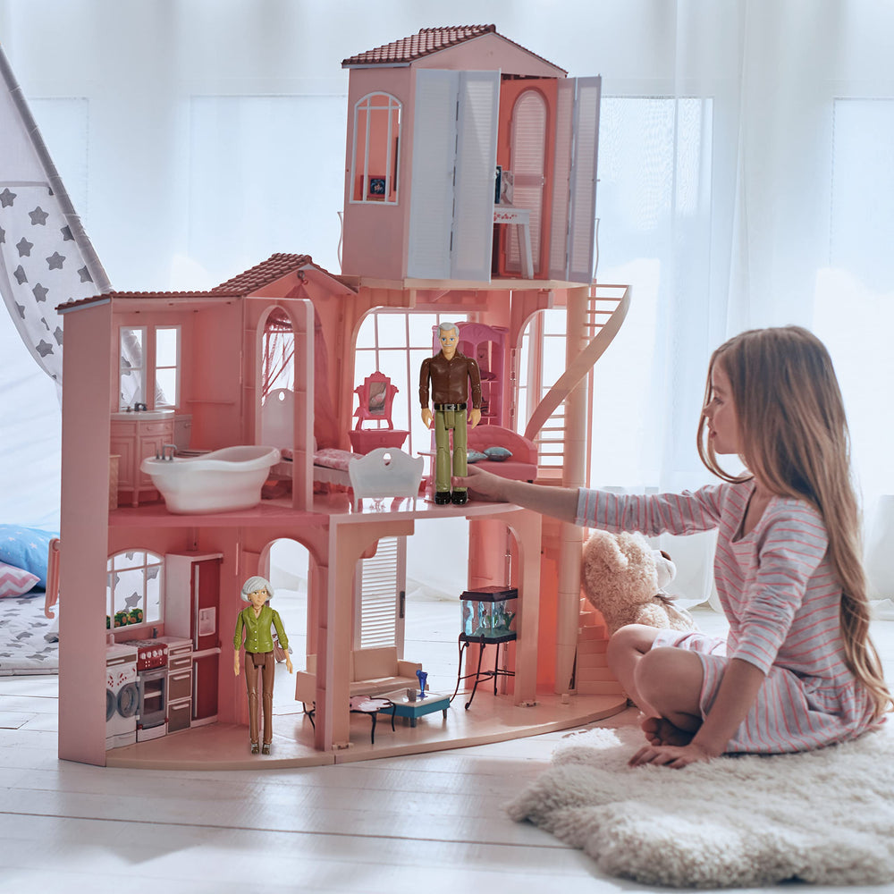 Beverly Hills dollhouse scene setup with grandparents to spark family stories.