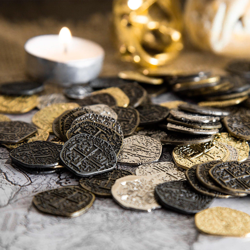 Beverly Oaks pirate coins display-collection idea on a shelf.