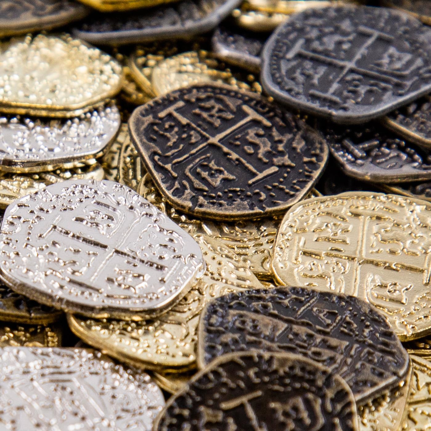 Beverly Oaks pirate coins quarter-size scale for realistic display.