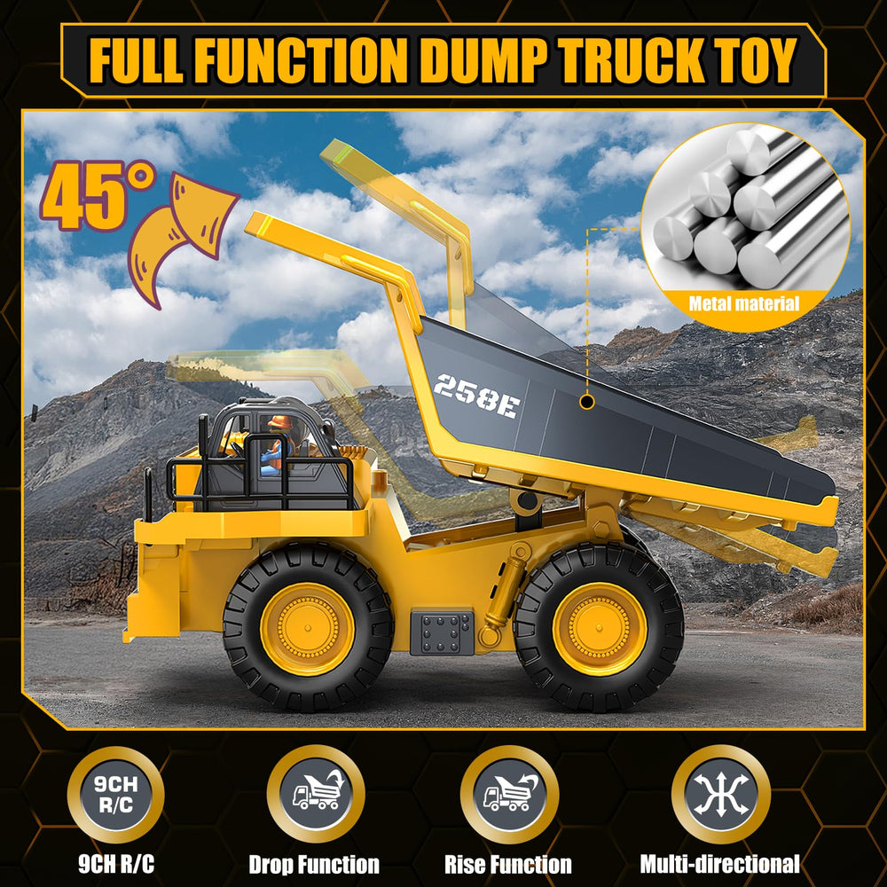 BEWEAI RC Dump Truck 9-channel remote enables precise outdoor control.