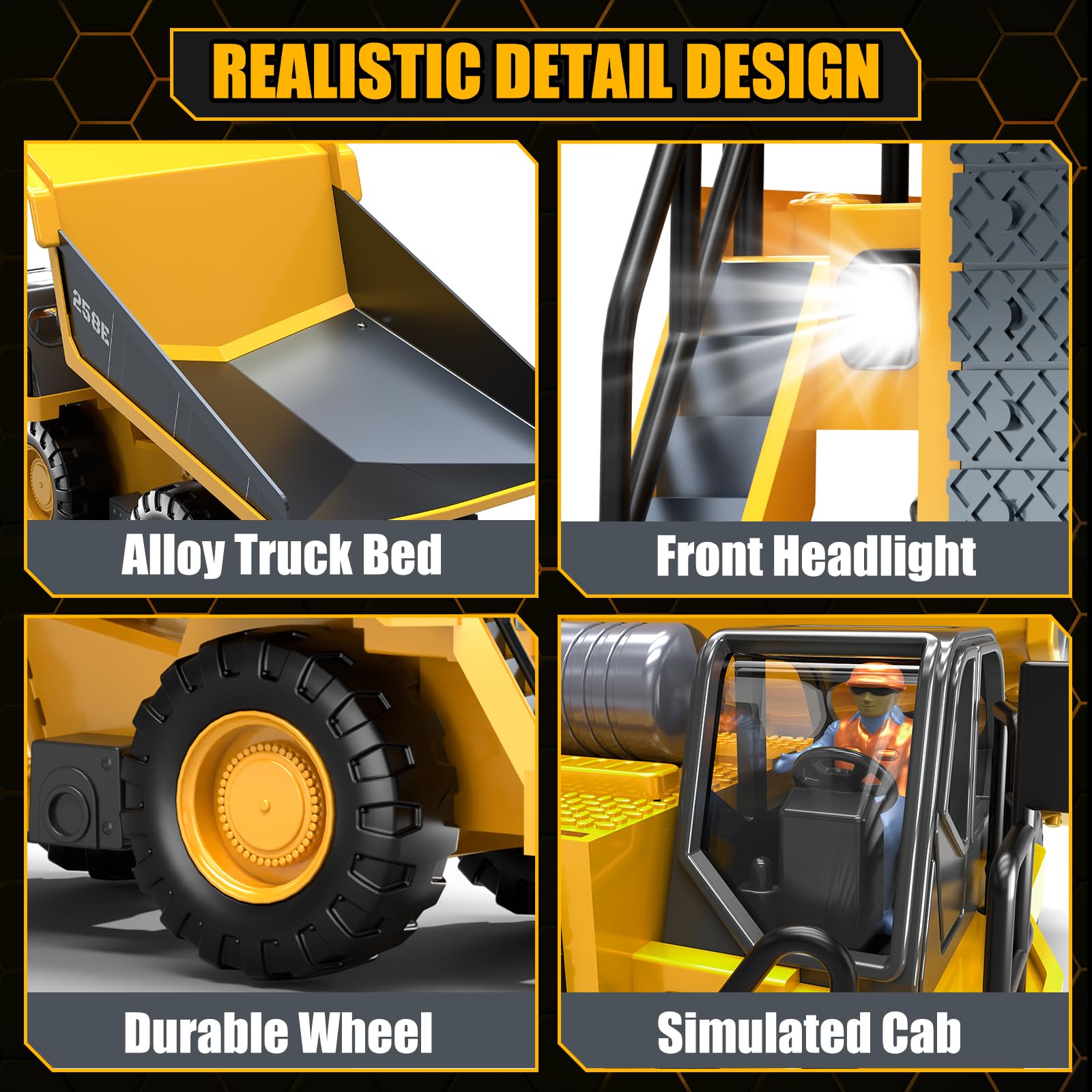 BEWEAI RC Dump Truck all-terrain tires for steady outdoor grip.