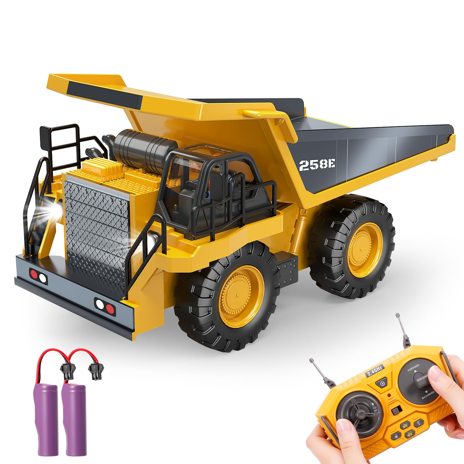 BEWEAI RC Dump Truck with metal bed shows durable, realistic dumping action.