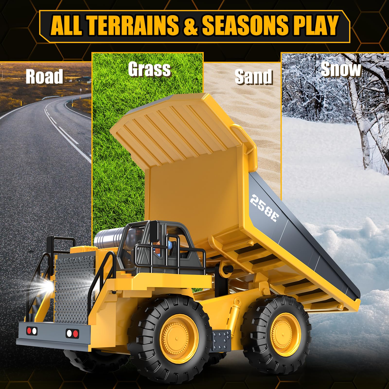 BEWEAI RC Dump Truck powered by two rechargeable batteries for longer sessions.