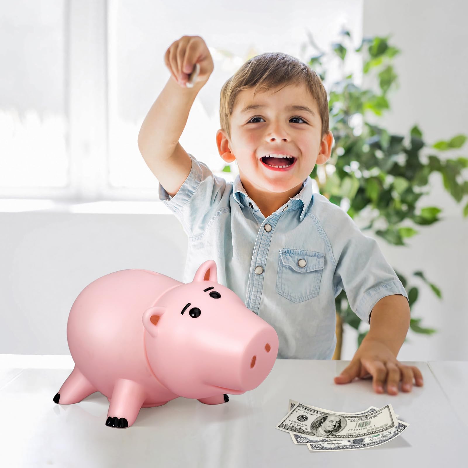 BewthU Hamm piggy bank thick plastic construction, durable and unbreakable.
