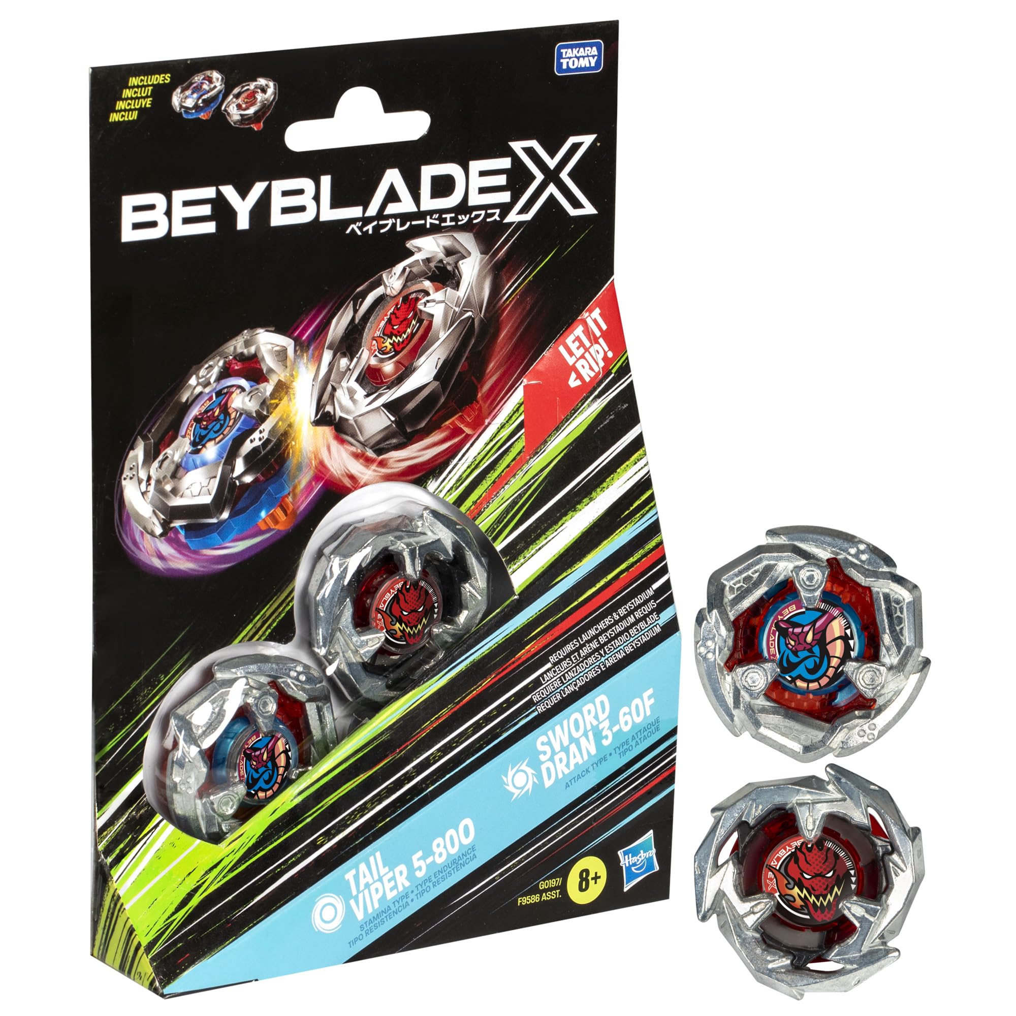 Beyblade BBX Tail Viper and Sword Dran ready for quick assembly and action.