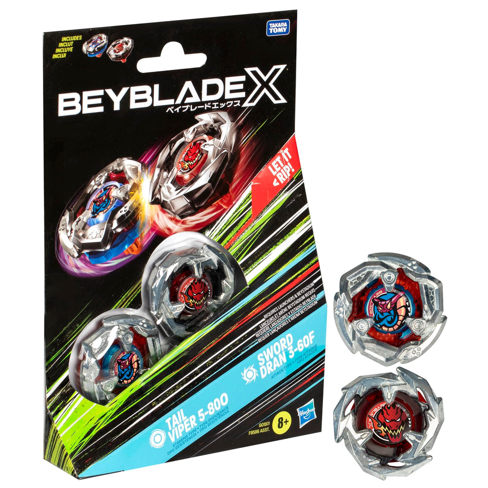 Beyblade BBX Tail Viper and Sword Dran ready for quick assembly and action.