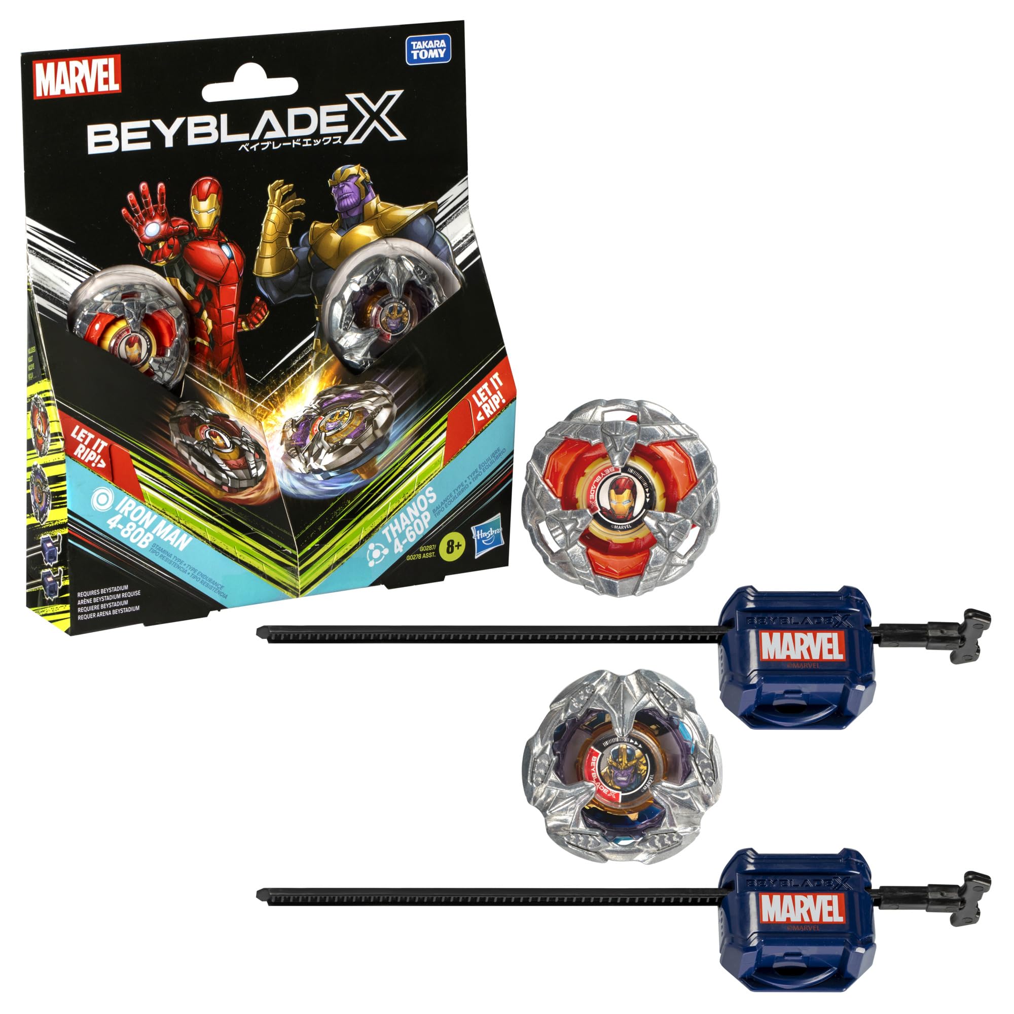Beyblade BBX Thanos Iron Man front view ready for battle display.