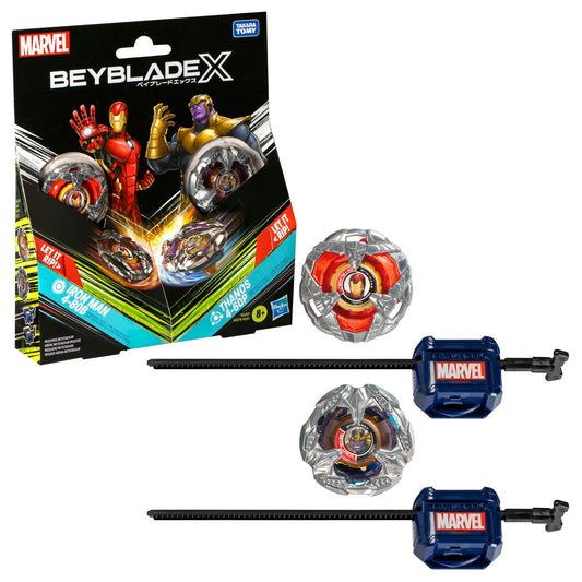 Beyblade BBX Thanos Iron Man front view ready for battle display.