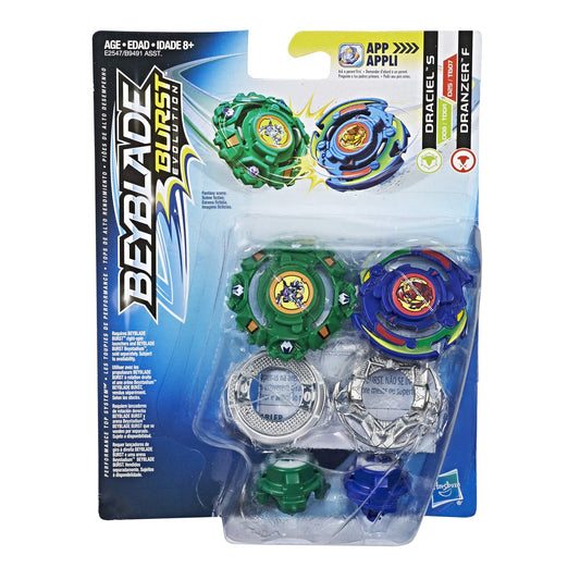 Beyblade Draciel S and Dranzer F top back view for strategic battles.