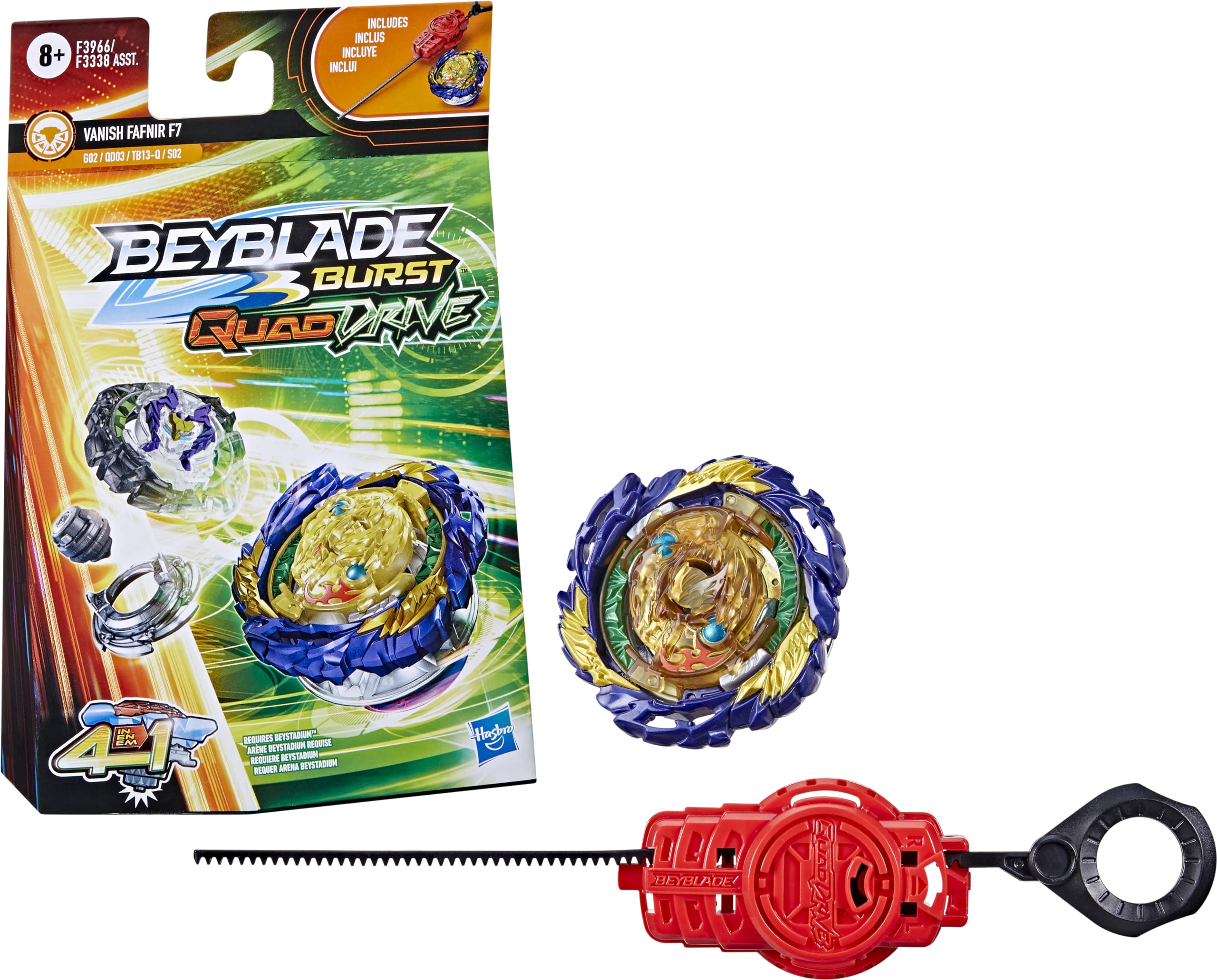 Beyblade QuadDrive Vanish Fafnir F7 top ready for battle with precise configuration options.