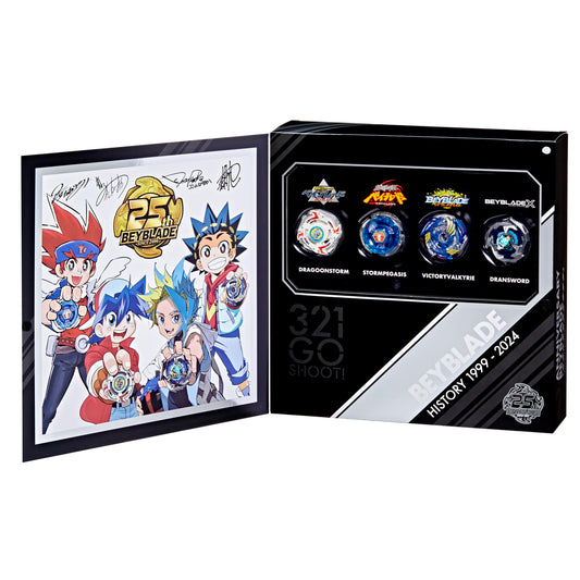 Beyblade X 25th Anniversary set top ready for customizable battles on Beystadium