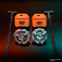 Beyblade X Beystadium battle scene featuring Jurassic World collab tops