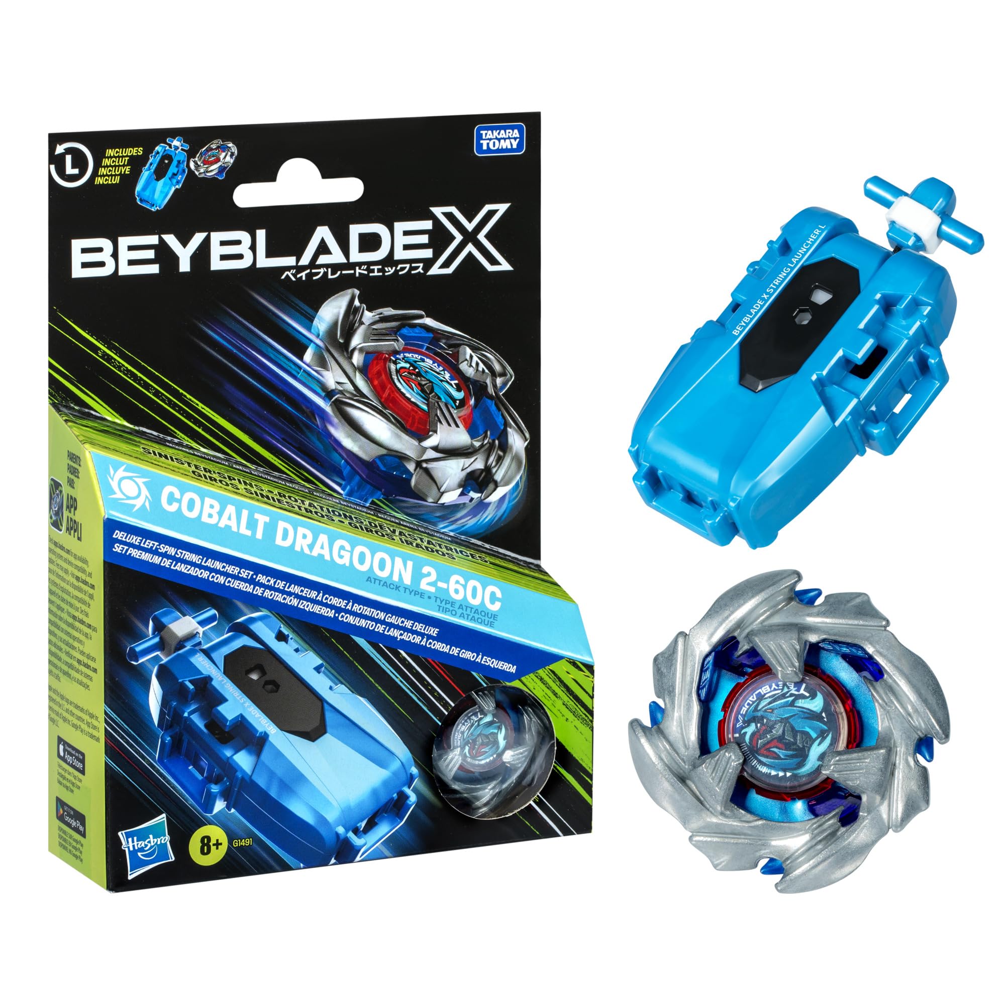 Beyblade X rope launcher with Cobalt Dragoon 2-60C enables fast launches for competitive play.