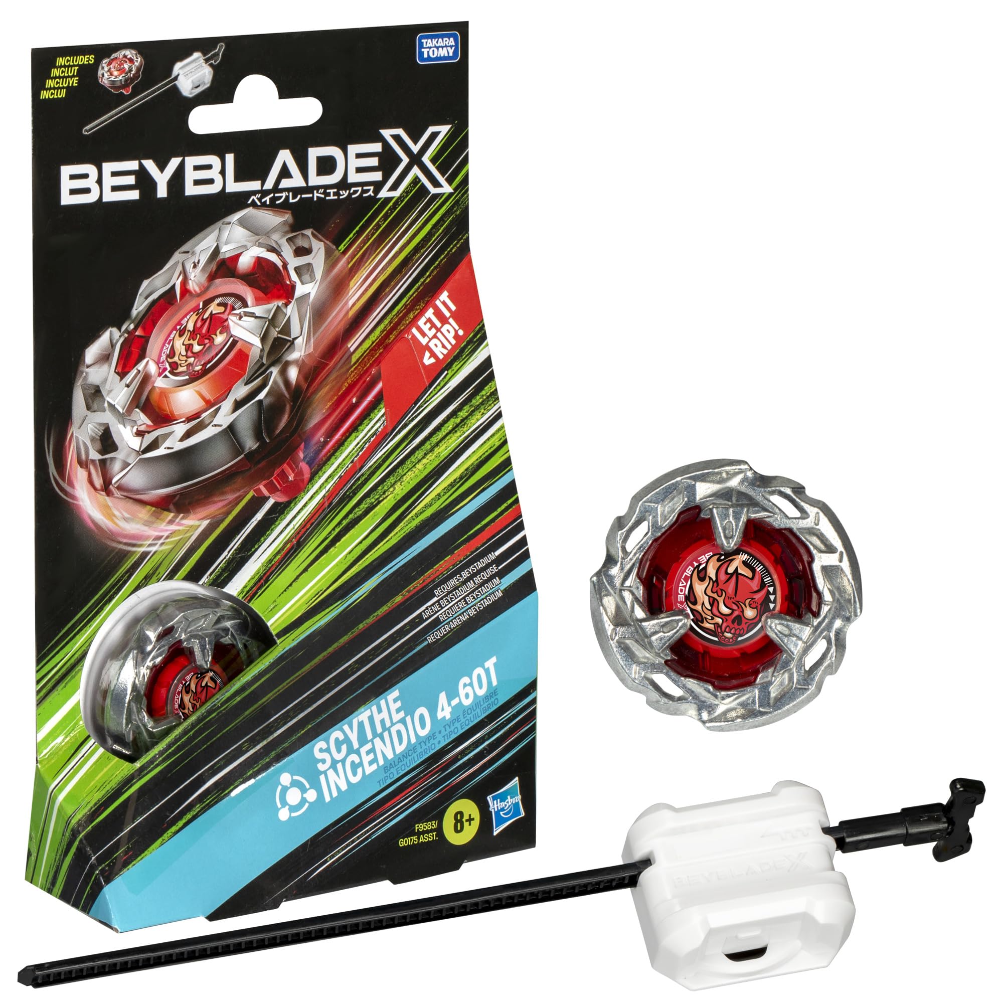 Beyblade X Scythe Incendio top in battle pose for high-speed clashes.
