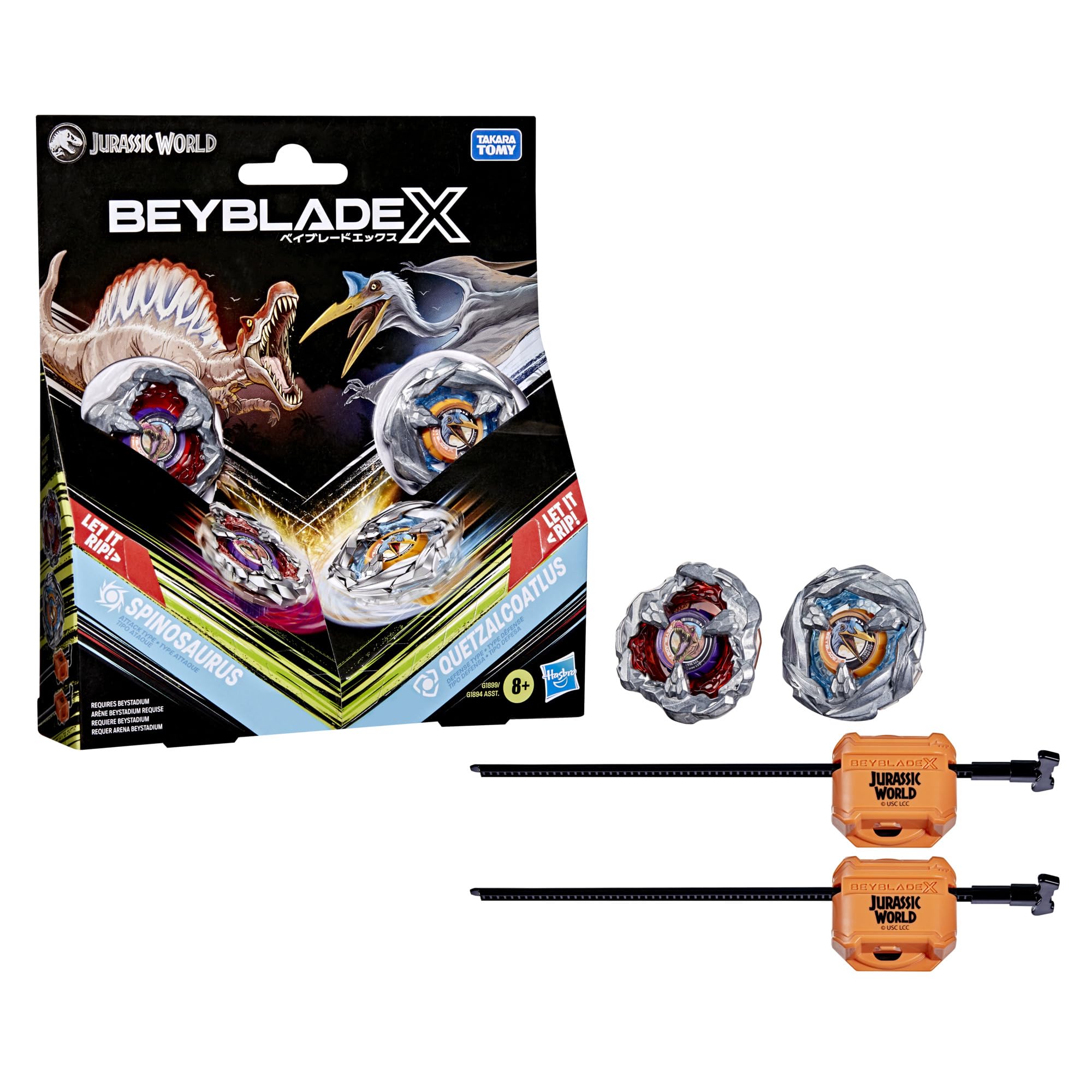 Beyblade X Spinosaurus right-spin top ready for battle.