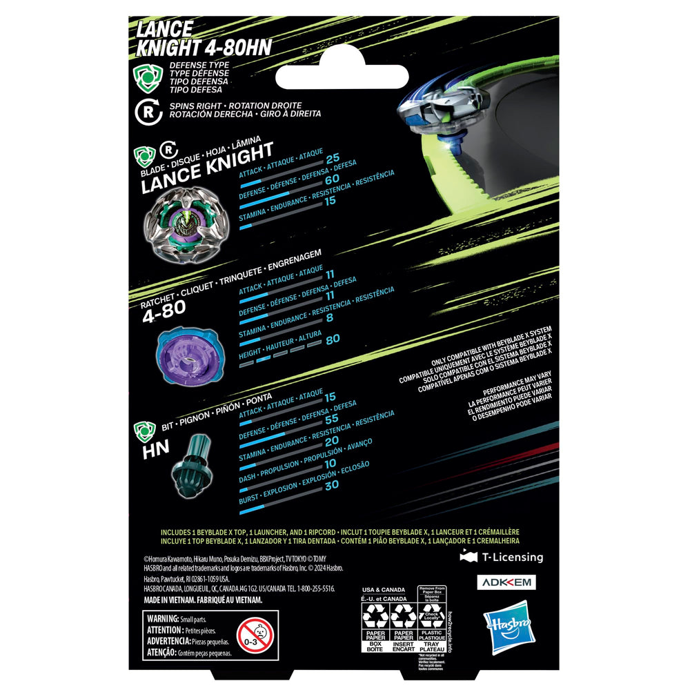 Beyblade X starter pack on display showing interchangeable parts and launch action