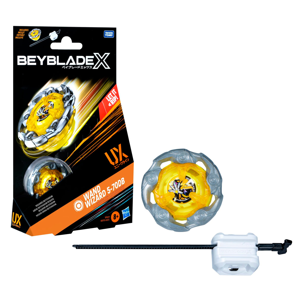 Beyblade X Wand Wizard 5-70DB UX top in action for durable, high-speed battles.