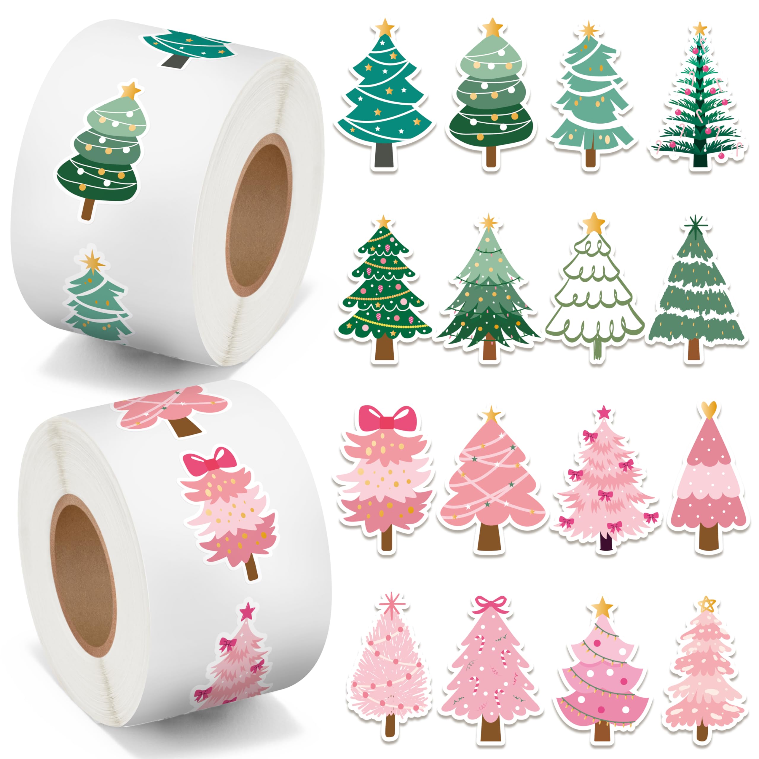 BeYumi pink-green pine tree stickers on two rolls for festive gift wrapping.