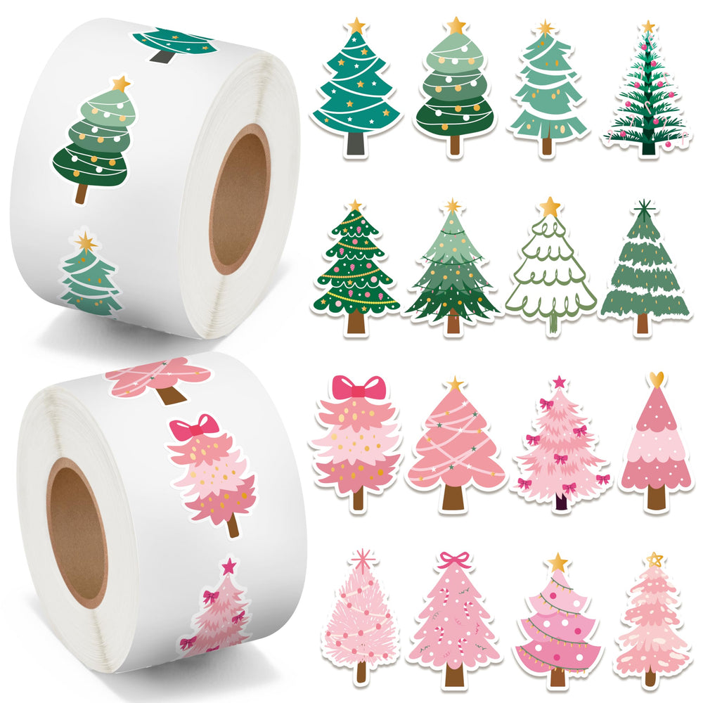 BeYumi pink-green pine tree stickers on two rolls for festive gift wrapping.