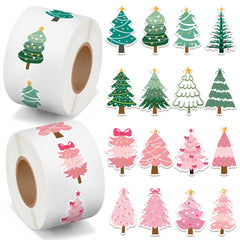 BeYumi pink-green pine tree stickers on two rolls for festive gift wrapping.