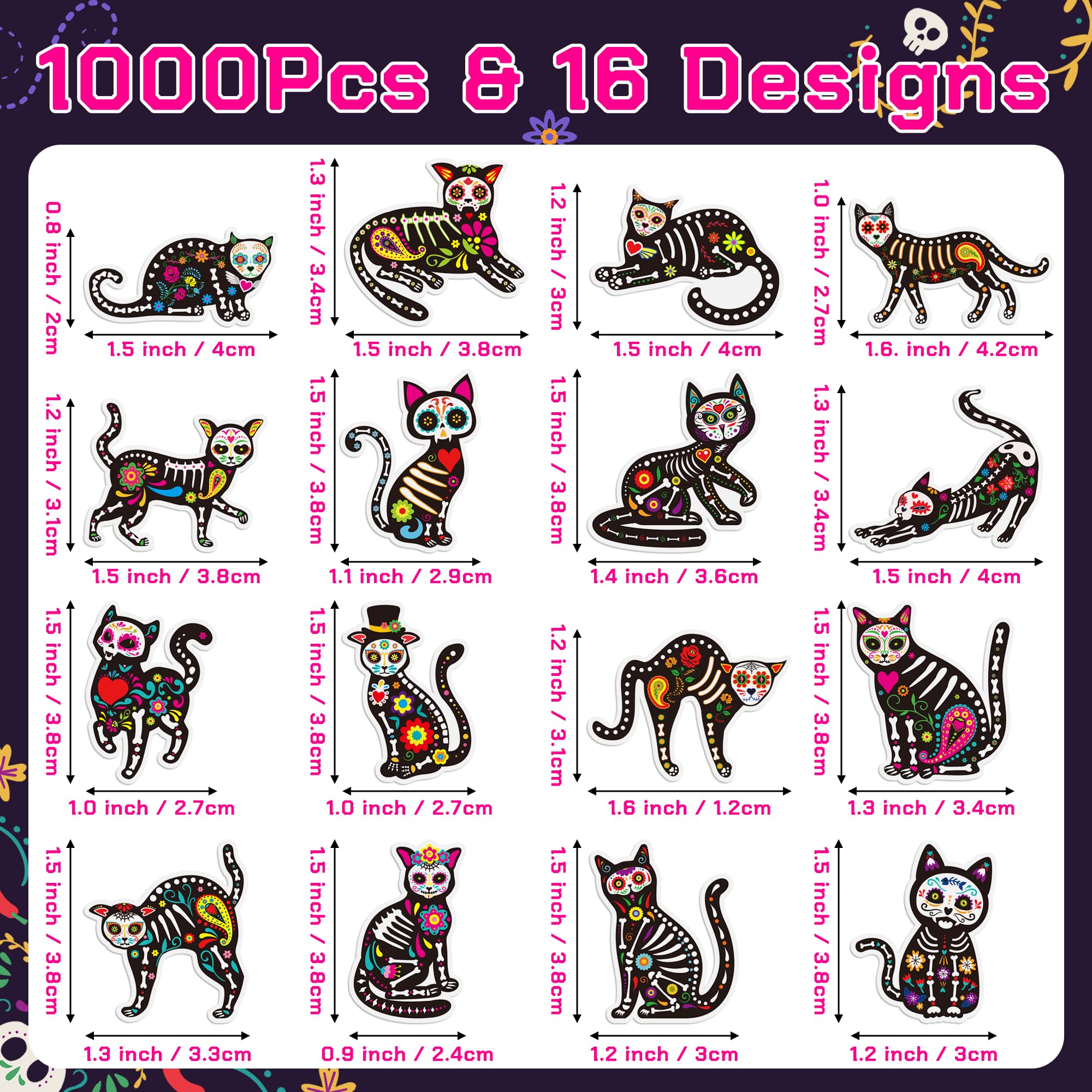 BeYumi Skeleton Cat Roll Stickers, diverse poses, great for festive walls and bottle decorations.