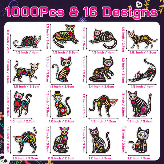BeYumi Skeleton Cat Roll Stickers, diverse poses, great for festive walls and bottle decorations.