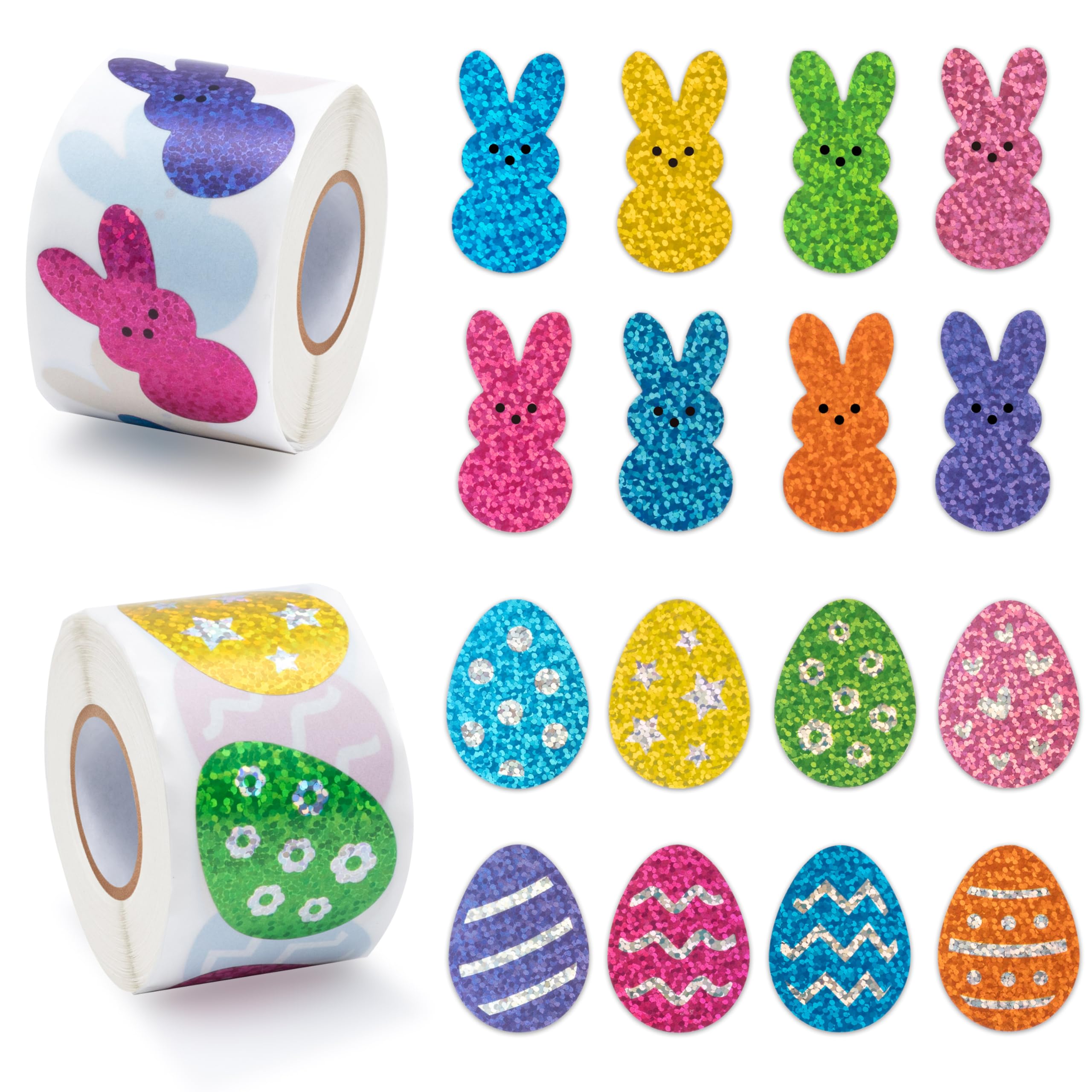 BeYumi Easter laser bunny stickers offer vibrant, holographic shine for colorful egg decorating.